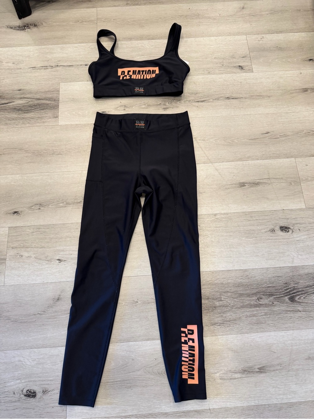 P.E Nation Black Leggings & Sports Bra with Coral Logo
